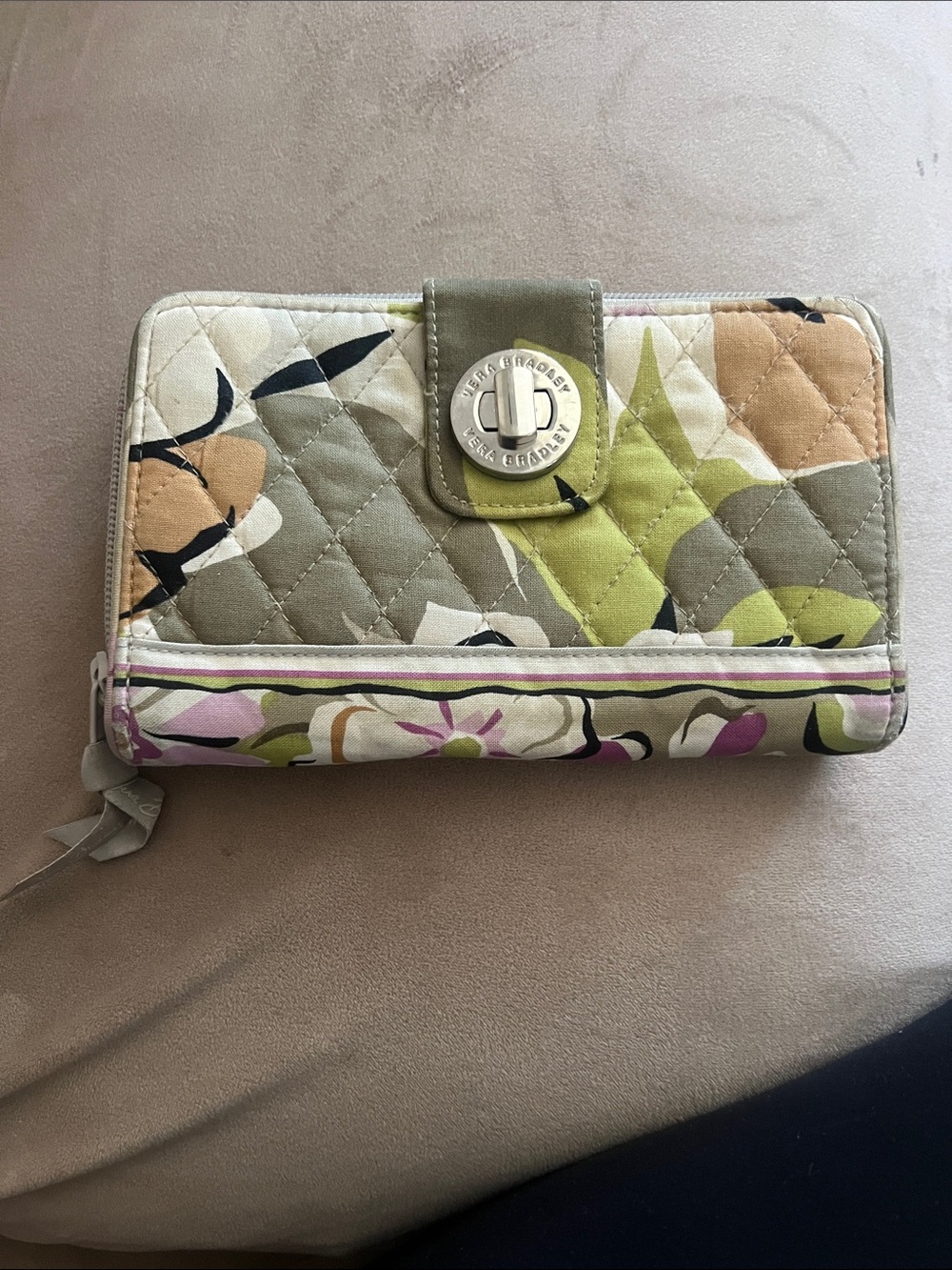 Vera Bradley Quilted Floral Zip Wallet in Green, Cream, Pink